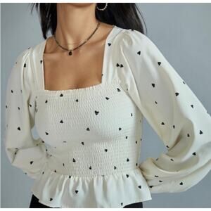 Audrey Parks Cream Smocked Peplum Blouse with Heart Print Romantic Cottagecore S